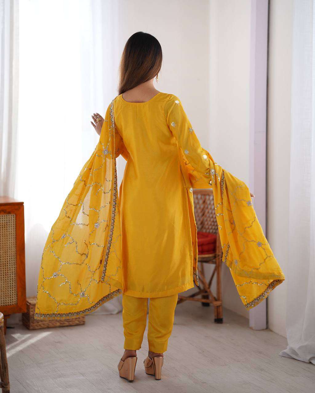 Women's Chinon Silk Embroidered Straight Kurti with Pant And Dupatta Set - Image 4