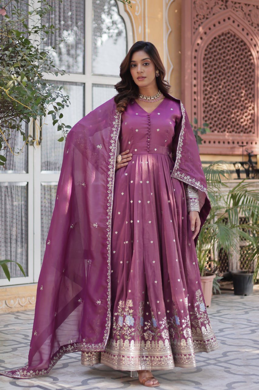 Women's Festive Rust Red Anarkali Gown with Intricate Silver Zari & Sequin Embroidery – Complete with Embroidered Dupatta - Image 6