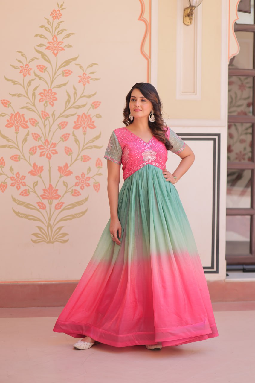 Women's Dual-Tone Ombre Gown in Candy Pink & Aqua Green with Embroidered Bodice – Festive & Contemporary Wear - Image 3