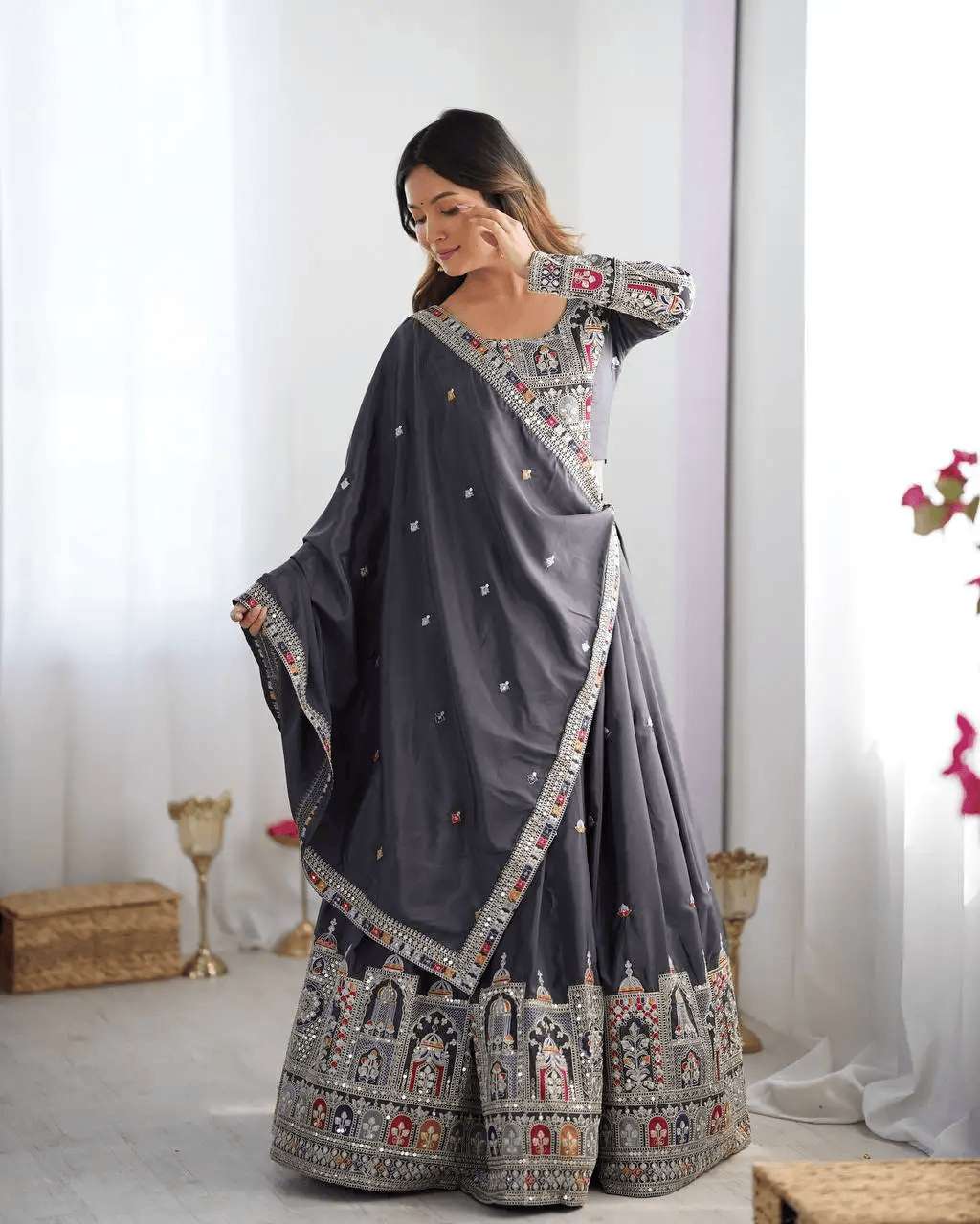 Women's Crepe Silk Sequence Embroidery and Zari Work Rajsthani Lehenga Choli with Dupatta